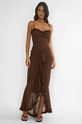 Noelia Gathered Waist Frill Trim Maxi Dres Chocolate